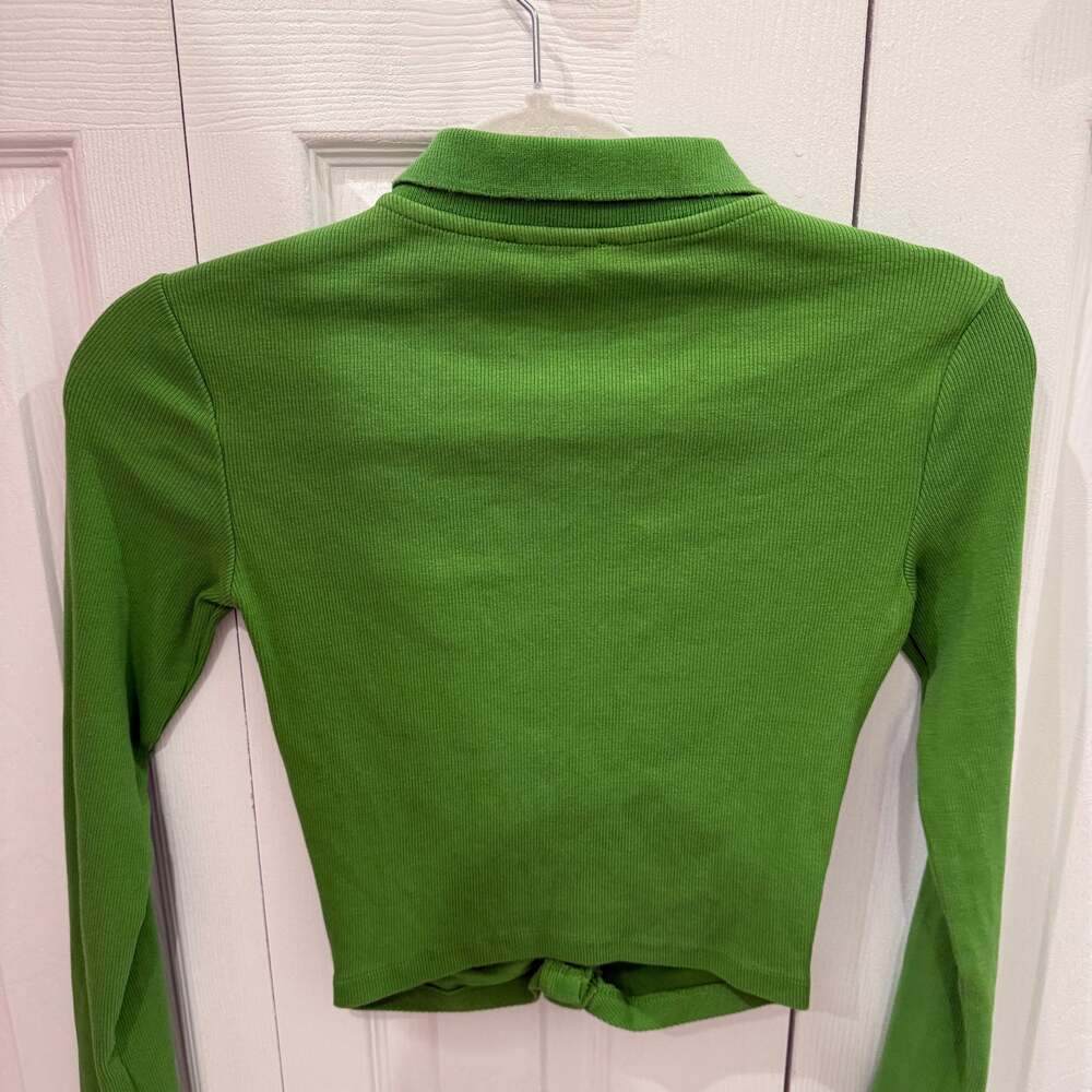 Zara Green Ribbed Ruched Polo Top - Picture 4 of 4